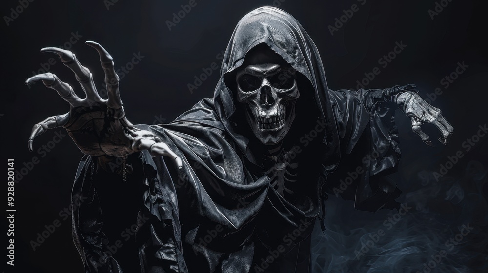 Skeletal Figure in a Black Hood Reaches Out with Clawed Hand Skeletal Figure in a Black Hood Reaches Out with Clawed Hand