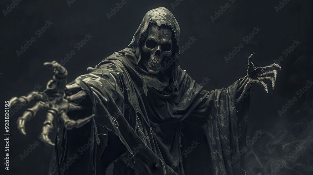 Skeletal Figure in a Black Hooded Robe Reaching Out with Clawed Hands