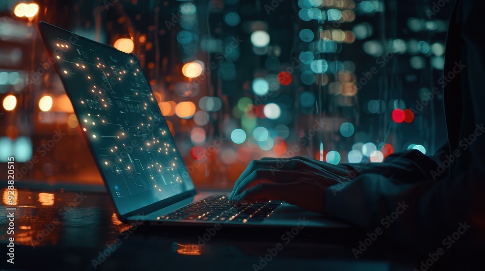 Person Typing on Laptop in Front of City Lights at Night Person Typing on Laptop in Front of City Lights at Night