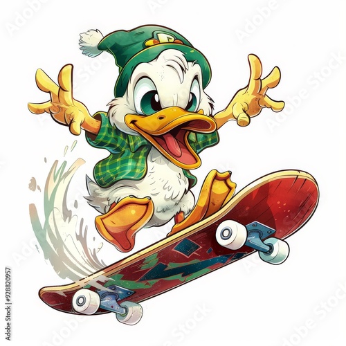 Vintage cartoon funny duck riding a skateboard sports and colorful graffiti style splash illustration on white background