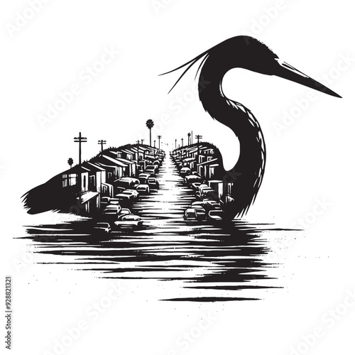 silhouette of Heron filled with ghetto street in rough drawing