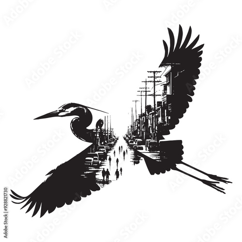 silhouette of Heron filled with ghetto street in rough drawing