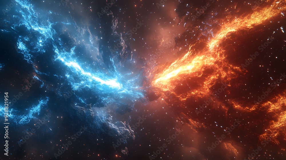 Fototapeta premium Epic cosmic battle, fire and ice collision, blue lightning vs red flames, energy beams clashing, space background, star field, explosive particle effects.
