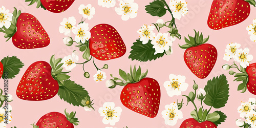 Vintage-Inspired Seamless Strawberry Pattern Featuring Red Berries, Green Leaves, and White Blossoms, Perfect for Nature-Inspired Textile Designs and Spring Decor