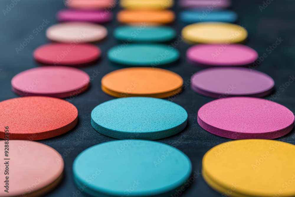 Vibrant colored round disc arranged in rows on a dark background. Artistic composition of colorful circular shapes for creative and design projects. Vibrant colored round disc arranged in rows on a dark background. Artistic composition of colorful circular shapes for creative and design projects.
