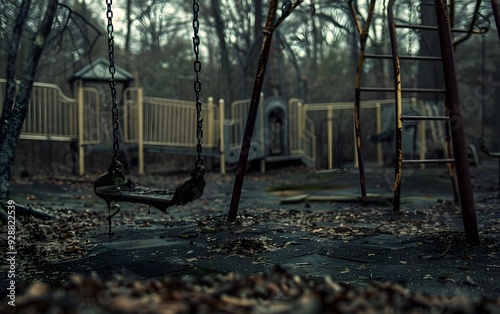Eerie abandoned playground with rusted swings and autumn leaves, surrounded by bare trees and a gloomy atmosphere.