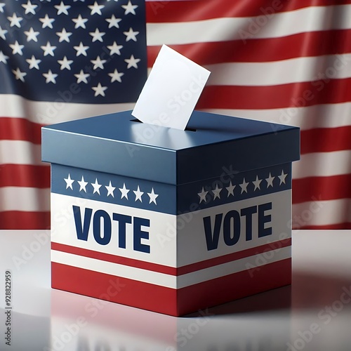 Ballot box with American flag design in front of a U.S. flag. Voting and elections concept for United States political campaigns photo