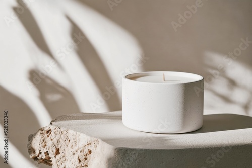 white candle on stone surface with natural shadows, modern home decor and product branding concept photo