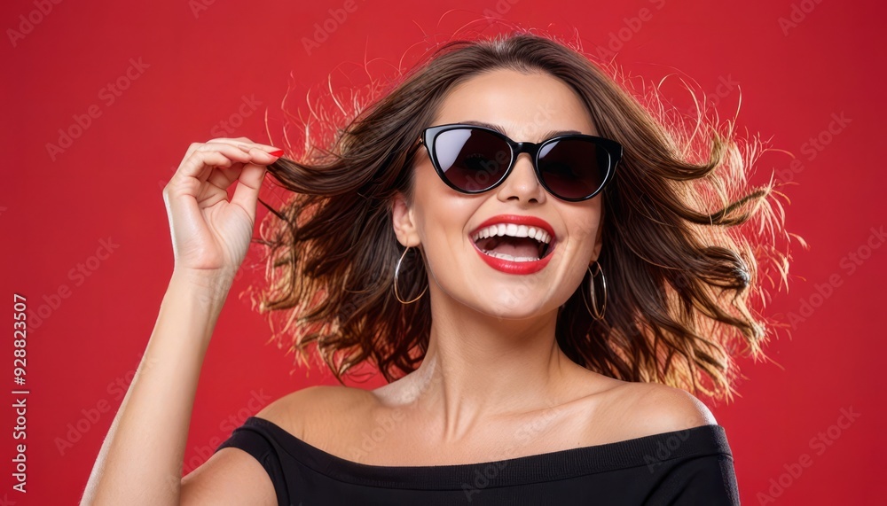 Woman happy on red background in sunglasses black. banner for advertising Woman happy on red background in sunglasses black. banner for advertising