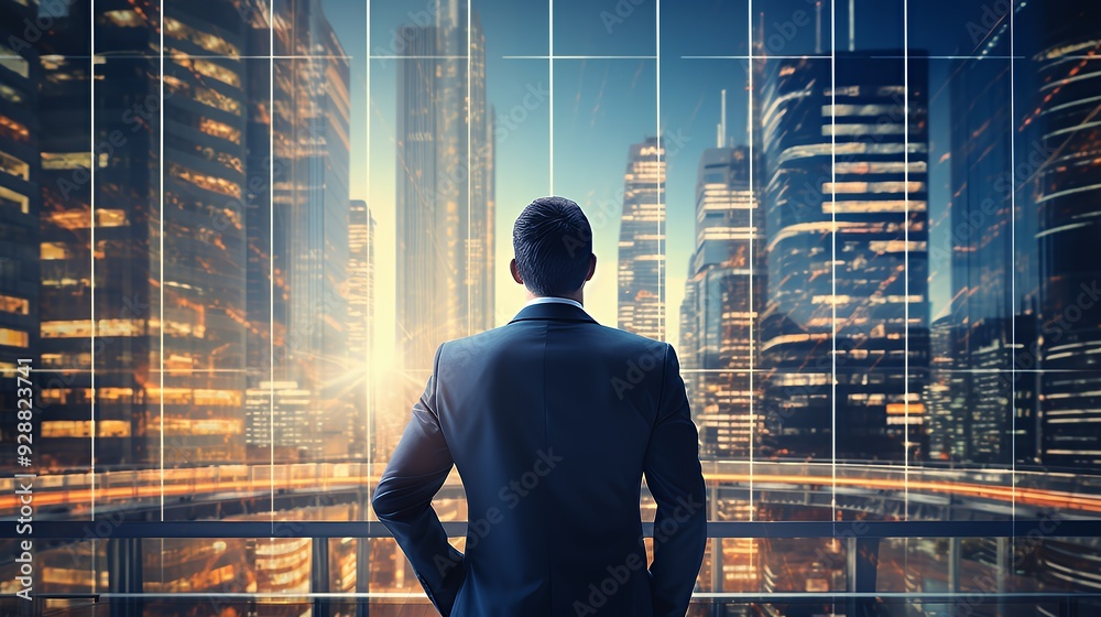 Fototapeta premium A businessman standing in front of a window overlooking a city skyline.