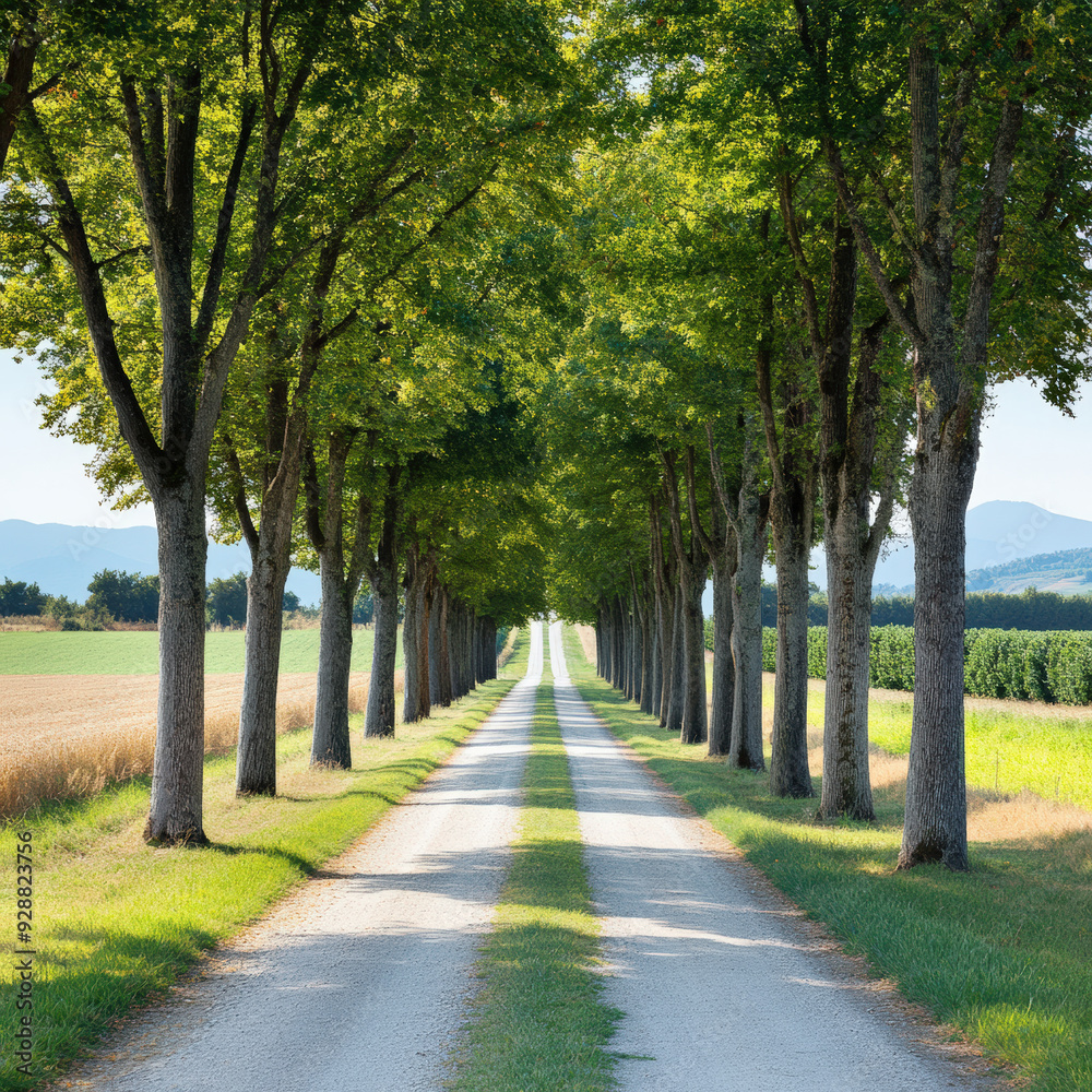 Rural road lined with trees, extending into the distance, surrounded by green fields and dappled sunlight. The scene is peaceful and serene. Rural road lined with trees, extending into the distance, surrounded by green fields and dappled sunlight. The scene is peaceful and serene.