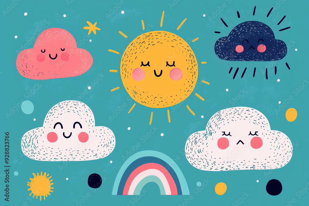 Cheerful sun with smiling clouds and a rainbow in a whimsical, childlike scene against a blue sky, perfect for happy and playful designs. Cheerful sun with smiling clouds and a rainbow in a whimsical, childlike scene against a blue sky, perfect for happy and playful designs.