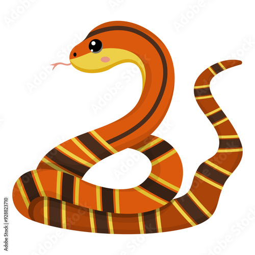 Cute orange striped snake. Colorful suffocating reptile. Chinese New Year symbol. Funny snake character isolated on white background. Vector illustration for card, sticker, calendar.