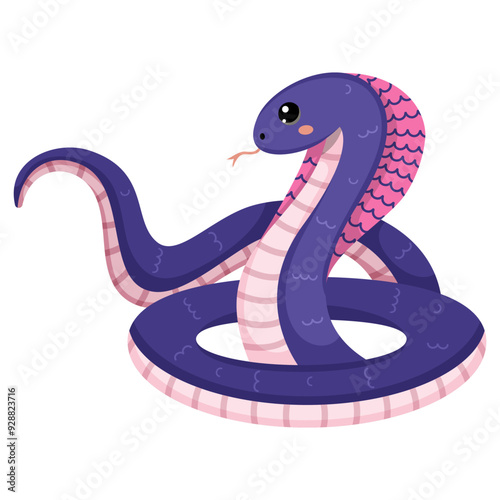 Cute purple snake. Colorful suffocating reptile. Chinese New Year symbol. Funny snake character isolated on white background. Vector illustration for card, sticker, calendar.