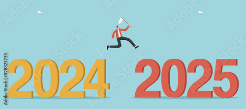 Leadership in setting plan or course for business development in 2025, motivation in achieving goals in future year, determination for great success or heights, man jumps from 2024 to 2025.