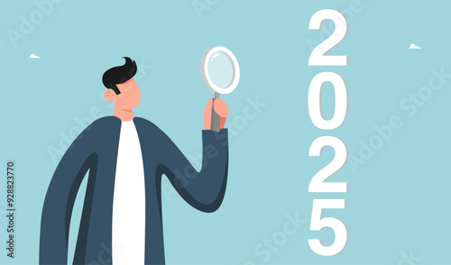 Analysis and planning of future projects in coming year, development of strategies for achieving high results, construction of course of business development, man points with magnifying glass to 2025.