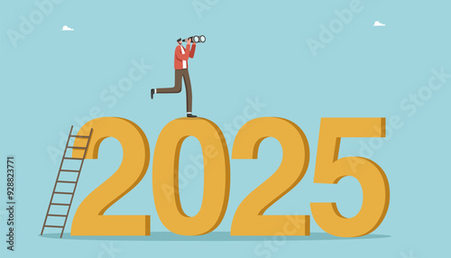 Leadership in setting plan or course for business development in 2025, motivation in achieving goals, determination for great success or heights, man looking through binoculars and stands on 2025.