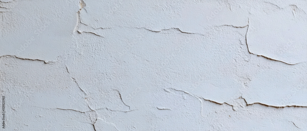 Fototapeta premium Close-up of a cracked white plaster wall, highlighting its textured surface and natural aging. The image conveys a rustic and weathered look.