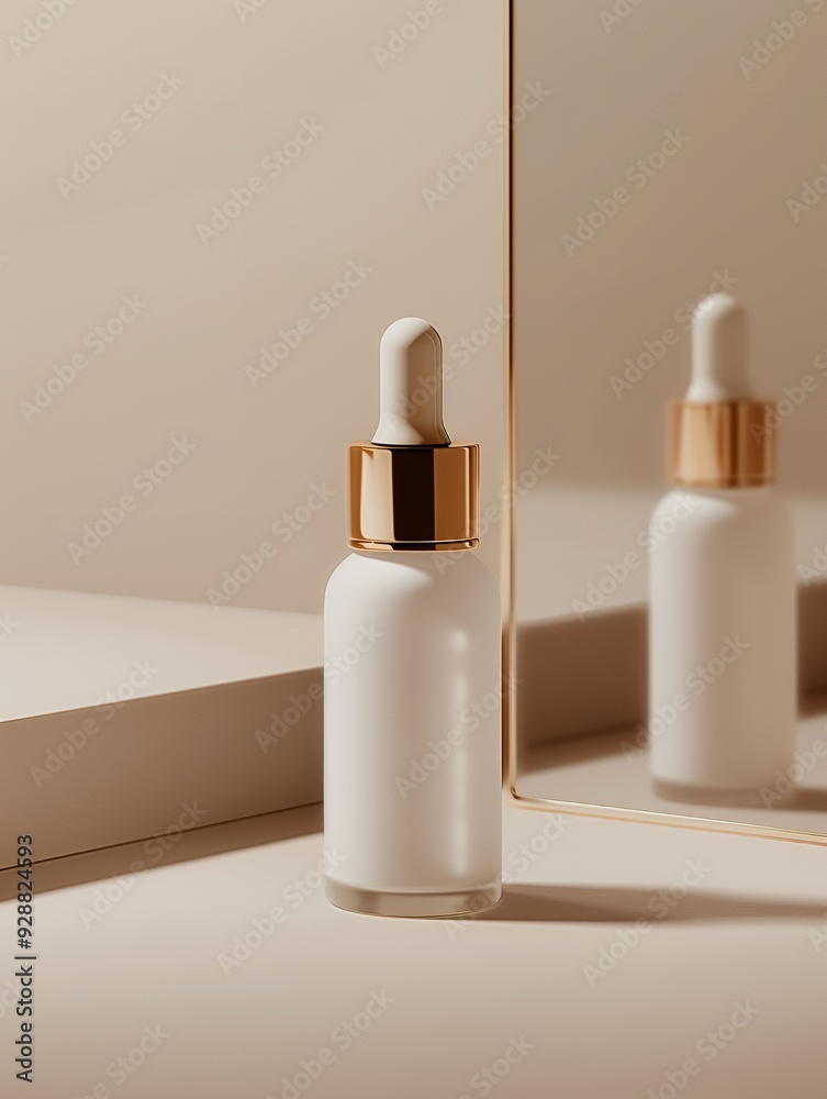 A white dropper bottle with a gold lid on a neutral background with a mirror reflection. A white dropper bottle with a gold lid on a neutral background with a mirror reflection.