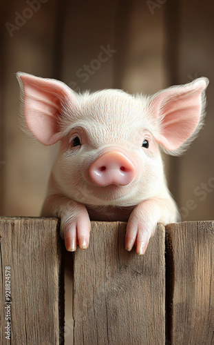 Adorable piglet with a pink snout peeking over a wooden fence, offering a heartwarming and charming scene.