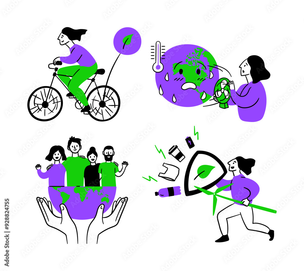 Cartoon Color Eco Friendly Lifestyle Protection Planet Concept Scenes Set. Vector illustration of Saving from Climate Change Cartoon Color Eco Friendly Lifestyle Protection Planet Concept Scenes Set. Vector illustration of Saving from Climate Change