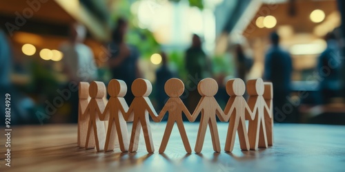 Wooden human figures standing together in a close circle symbolize the essence of teamwork, unity, and a strong sense of community spirit that thrives among all individuals who are involved