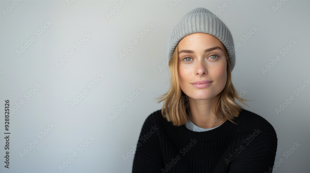 Elegant Scandinavian woman in a knitted beanie and dark sweater, showcasing her clear complexion and subtle beauty. Elegant Scandinavian woman in a knitted beanie and dark sweater, showcasing her clear complexion and subtle beauty.