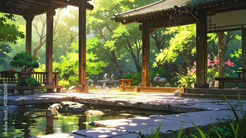 Japanese garden in summer cartoon anime photo