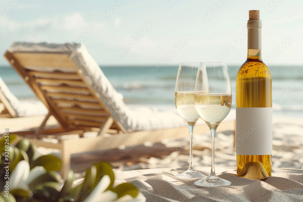 White wine in a bottle with mock up label on a sandy beach with the ocean in the background White wine in a bottle with mock up label on a sandy beach with the ocean in the background