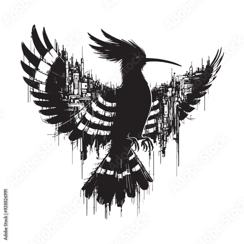 silhouette of Hoopoe filled with destroyed futuristic dystopia environment in rough drawing