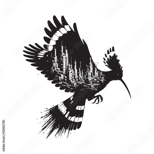 silhouette of Hoopoe filled with destroyed futuristic dystopia environment in rough drawing