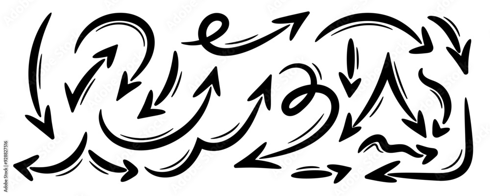 Hand drawn marker arrows set, isolated background. Doodle sketch vector illustration. Freehand various curved lines, swirls arrows, scribbles and scrawls, direction pointers. Graphic design elements Hand drawn marker arrows set, isolated background. Doodle sketch vector illustration. Freehand various curved lines, swirls arrows, scribbles and scrawls, direction pointers. Graphic design elements