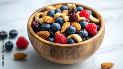 Wooden bowl filled with colorful trail mix, assorted nuts and dried fruits, blueberries, raspberries, almonds, cashews, white marble countertop, soft natural.