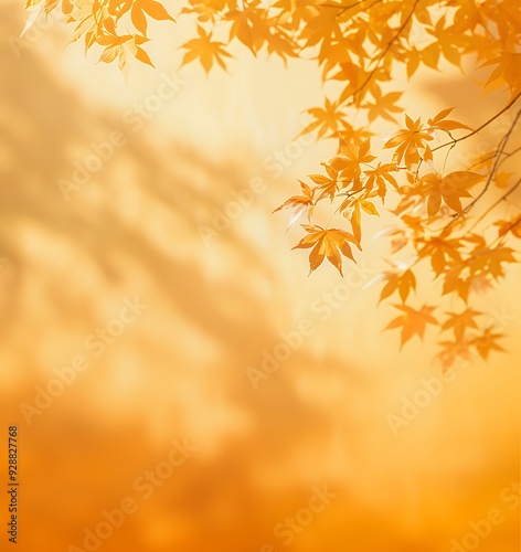 Golden Autumn leaves on a blurred, yellow background.