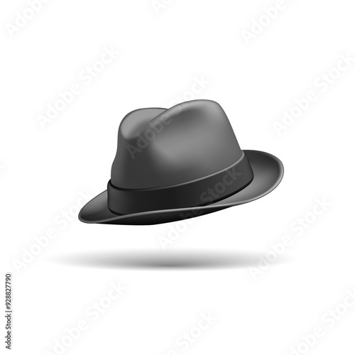 3D black retro hat for men, male. It's a realistic vintage hat for gentlemen. Icon mockup for design on white background. Vector