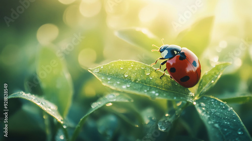 redbug on green leaf background photo