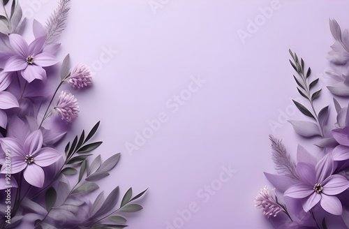 lilac flowers frame. A beautiful arrangement of light purple flowers and delicate leaves lies around the edges of a soft lavender background