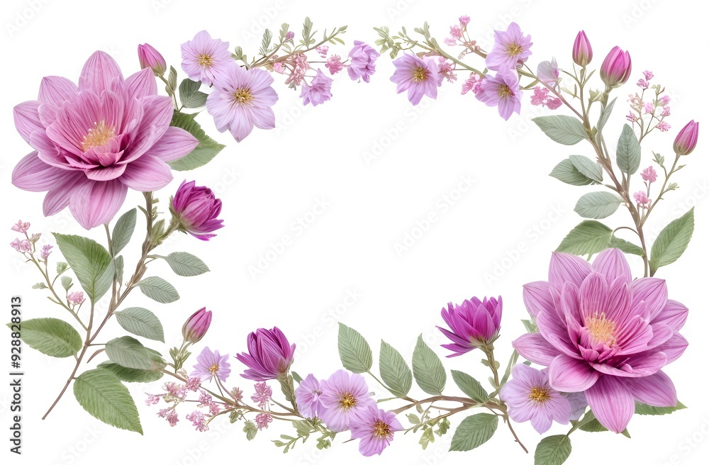 Pink flowers frame. Beautiful pink and purple flowers arranged in an oval frame on a white background. The delicate floral design features lush petals, green leaves, and intricate details Pink flowers frame. Beautiful pink and purple flowers arranged in an oval frame on a white background. The delicate floral design features lush petals, green leaves, and intricate details
