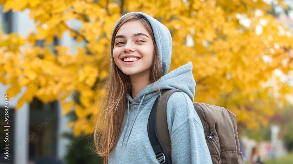 Autumnal Delight: A Smiling Young Woman in a Hoodie Embracing Campus Life During the Fall Season Autumnal Delight: A Smiling Young Woman in a Hoodie Embracing Campus Life During the Fall Season