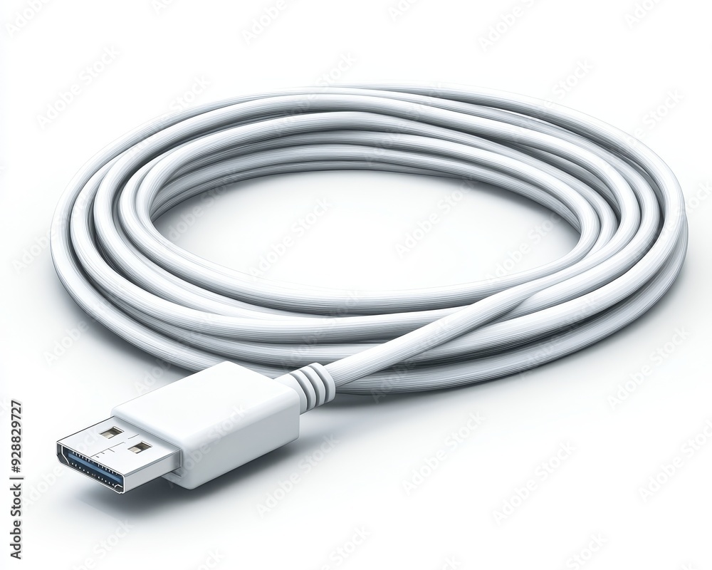 White USB Cable Coiled in a Circle Highlighting the Connectors Details Minimalist Digital Composition White USB Cable Coiled in a Circle Highlighting the Connectors Details Minimalist Digital Composition