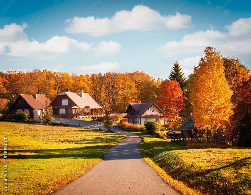 Autumn Landscape with Houses and Trees Autumn Landscape with Houses and Trees