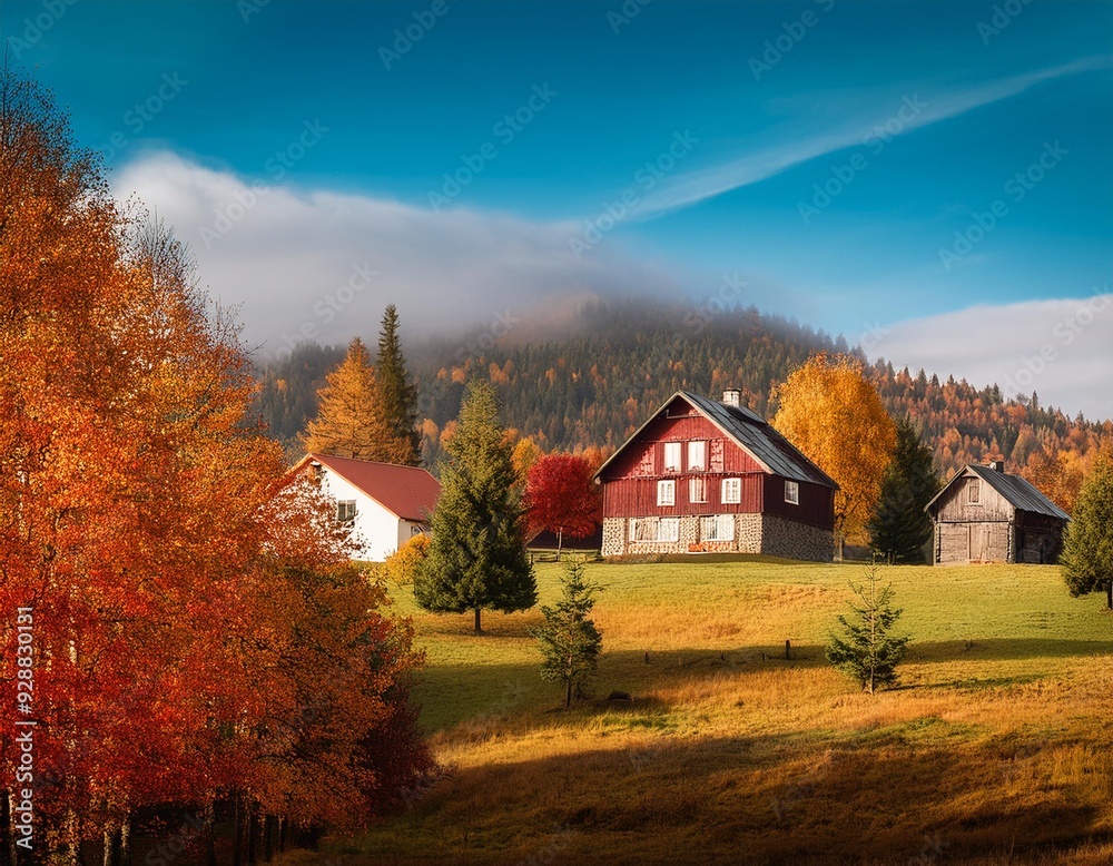 Autumn Landscape with Houses and Trees Autumn Landscape with Houses and Trees