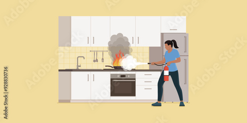 Fire in the kitchen and woman using a fire extinguisher