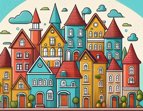 Colorful Illustration of a Small Town with Houses