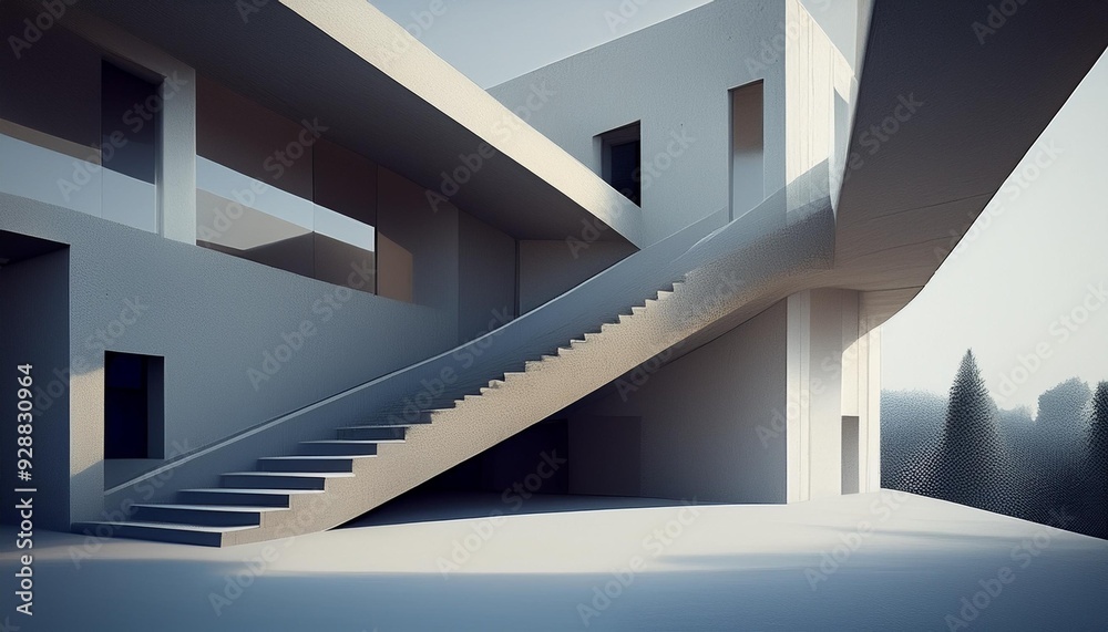 Fotografie Concrete Model Architecture With Stairs and Windows