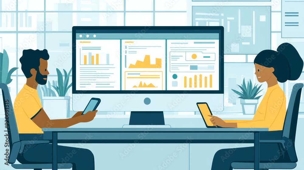 Side View of Two Colleagues Discussing Data on a Large Monitor with Graphs and Charts in a Modern Office Setting Side View of Two Colleagues Discussing Data on a Large Monitor with Graphs and Charts in a Modern Office Setting