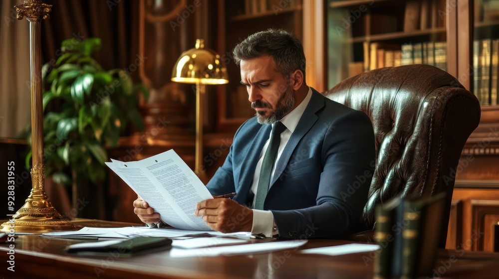 Businessman reviewing documents at his desk formal office, with a serious expression, focused on detail, male lawyer. Businessman reviewing documents at his desk formal office, with a serious expression, focused on detail, male lawyer.