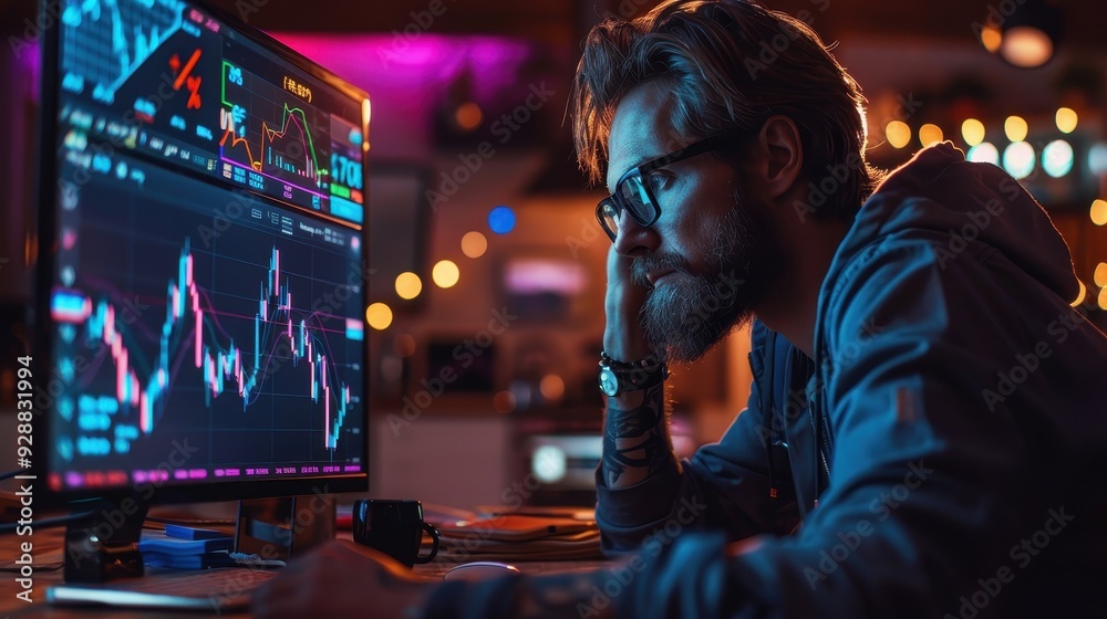 Bearded Man Watching Stock Market Charts on a Computer Monitor