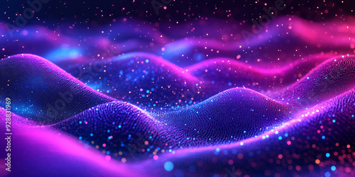 Vibrant waves of digital particles creating a mesmerizing dance of light in a futuristic landscape, symbolizing the flow of information, innovation, and the interconnected world of digital technology