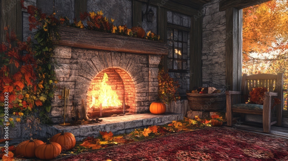 Cozy fireplace decorated in autumn decoration. Ai generation Cozy fireplace decorated in autumn decoration. Ai generation